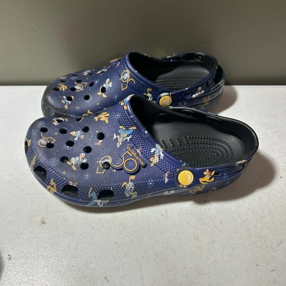 CROCS Navy Blue Printed Slip-On Clogs with Yellow Accents